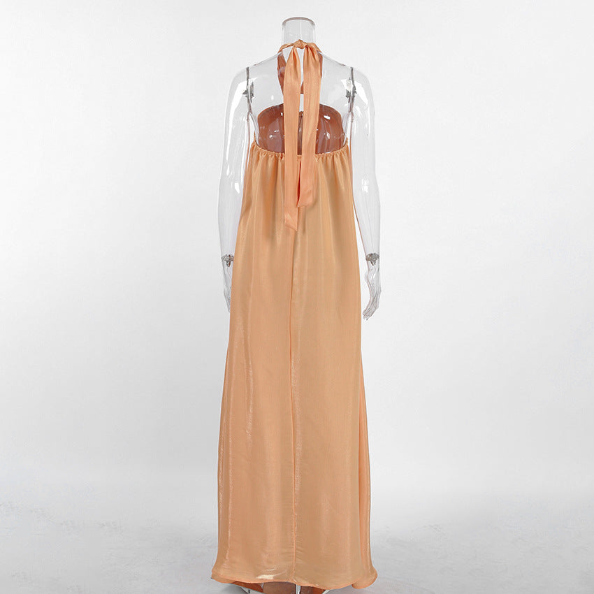 Khaki Halter Lace-Up Backless A-Line Maxi Dress | Sleeveless Ring Detail Elegant Dress | Sizes S-L