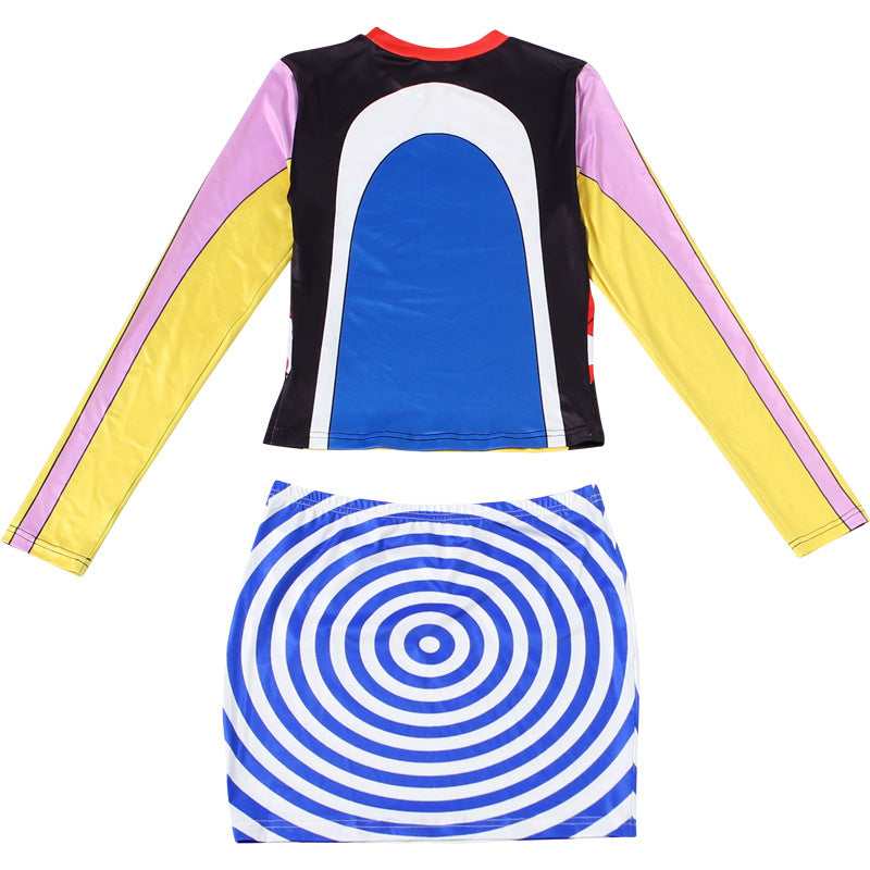Women's Color Block Two-Piece Set – Long Sleeve Crop Top & Mini Skirt