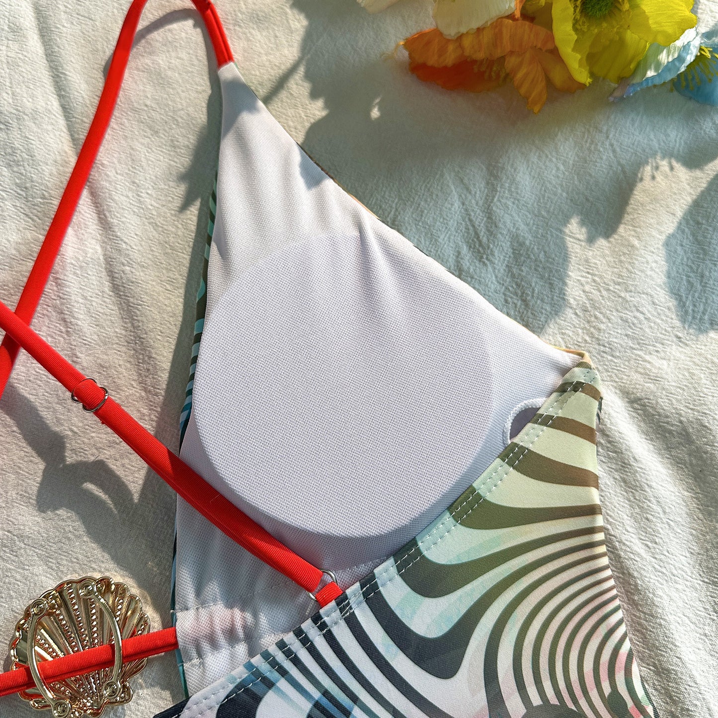 Boho Abstract Print One-Piece Swimsuit - Deep V Backless Cutout Swimwear