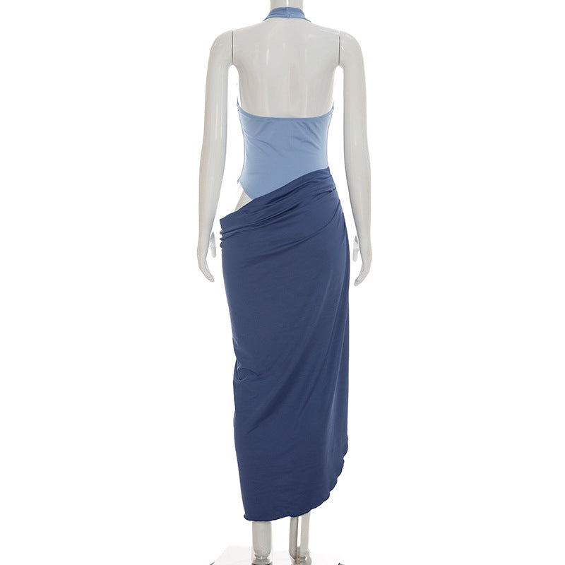 Color Block Halter Slit Maxi Dress | Backless Cutout Ruched Vacation Dress | Purple & Blue