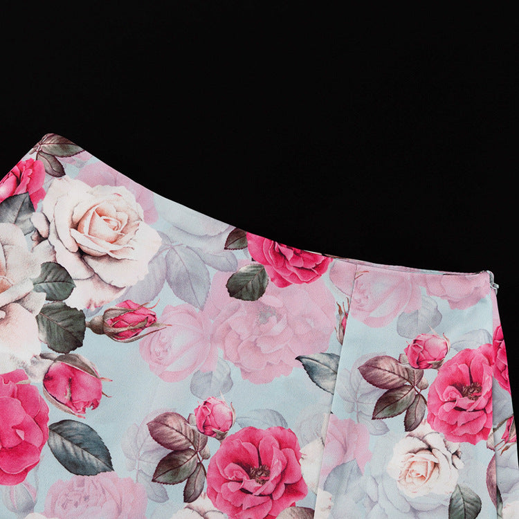 Women’s Two Piece Skirt Set – Floral Collared Top and Short Skirt