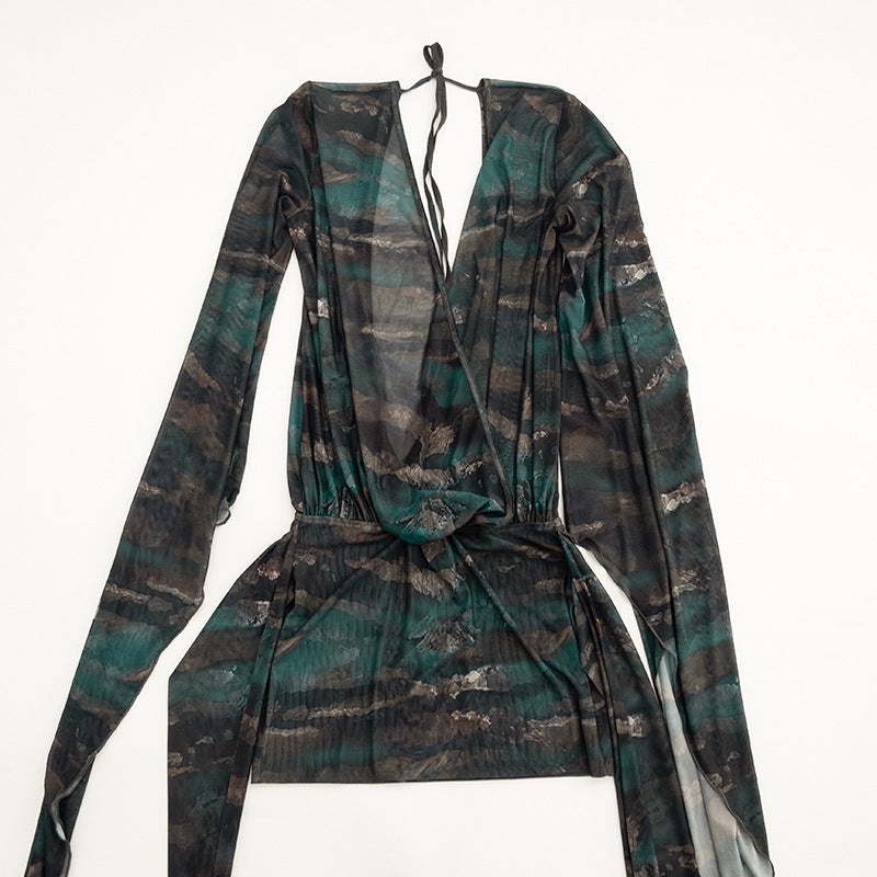 Deep V-Neck Printed Bodycon Mini Dress - Long Sleeve Backless Ruched Asymmetric Party Dress