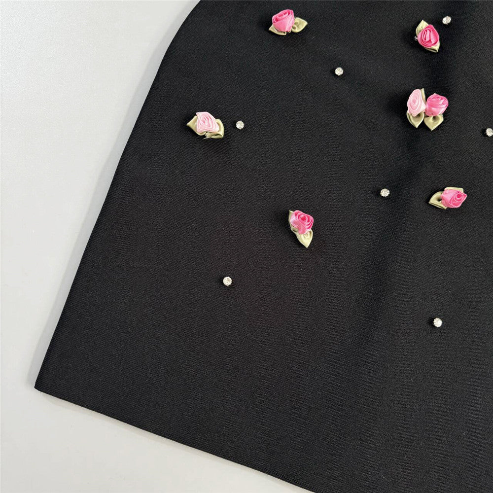 Black Rhinestone Bandage Mini Dress: Floral Embellished Bodycon Sling