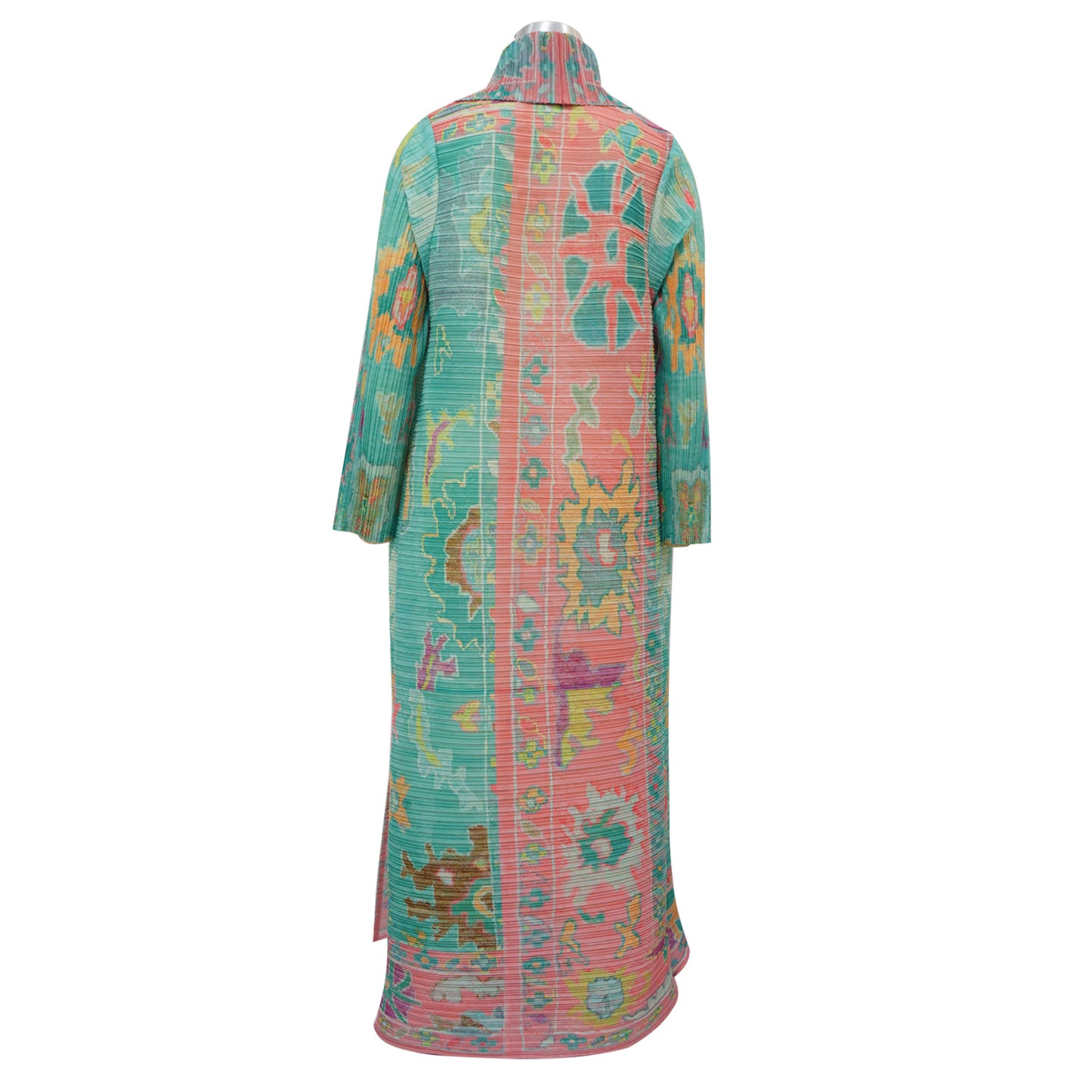 Elegant Printed Pleated Maxi Coat: Women's Long Statement Outerwear