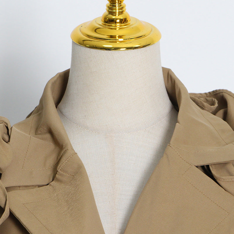 Women’s Elegant Long Sleeve Windbreaker Coat – Single-Breasted Slim Fit High-Grade Outerwear with Ruffle and Belt Detail