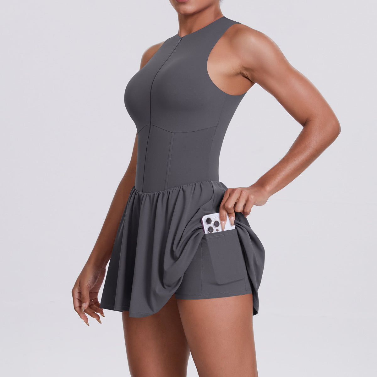 Women’s Two Piece Sports Dress with Leggings – Zippered Nylon Tennis Outfit
