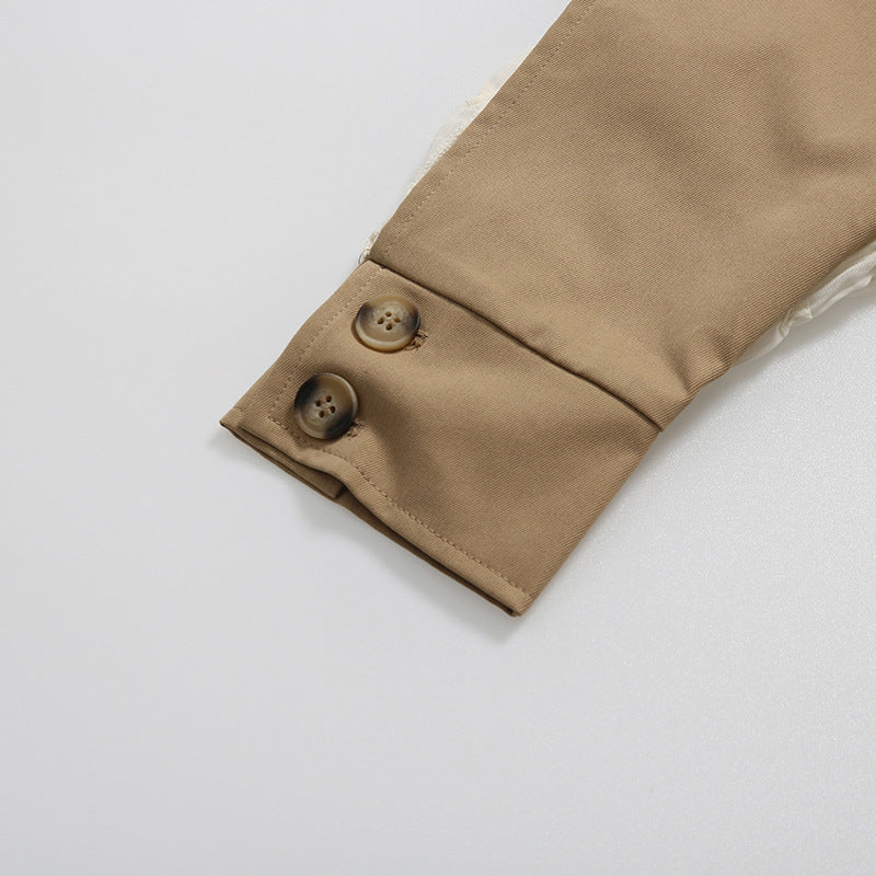 Women’s Lace Stitching Belted Trench Coat – Elegant Double-Breasted Long Coat