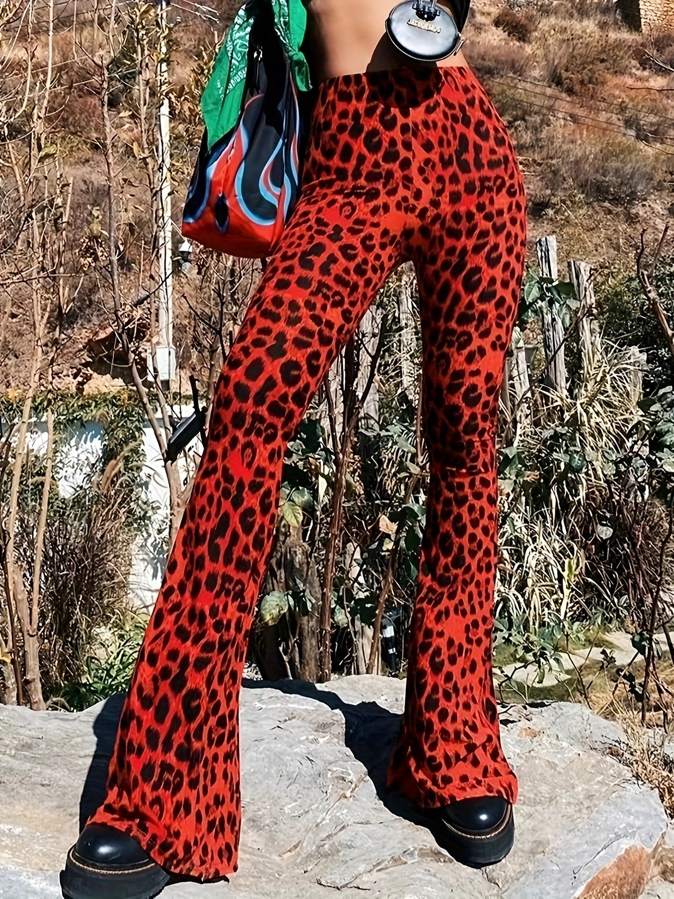 Leopard Print Bell Bottom Pants for Women: High-Waist Skinny Fit Flares