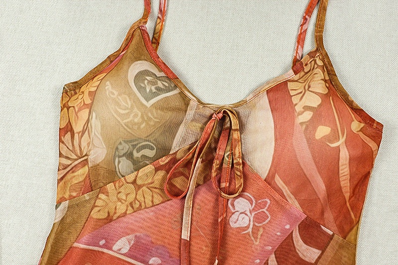 Printed Spaghetti Strap Backless Maxi Dress | Boho Tie Vacation Dress | Orange