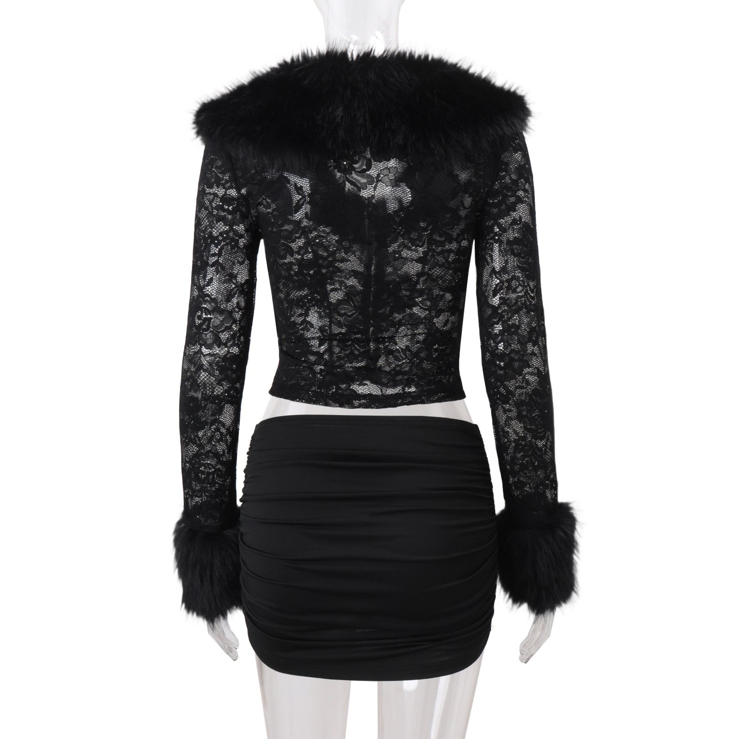 Women’s V-Neck Lace & Ruched Two-Piece Set – Slim Fit Long Sleeve Top & Mini Skirt