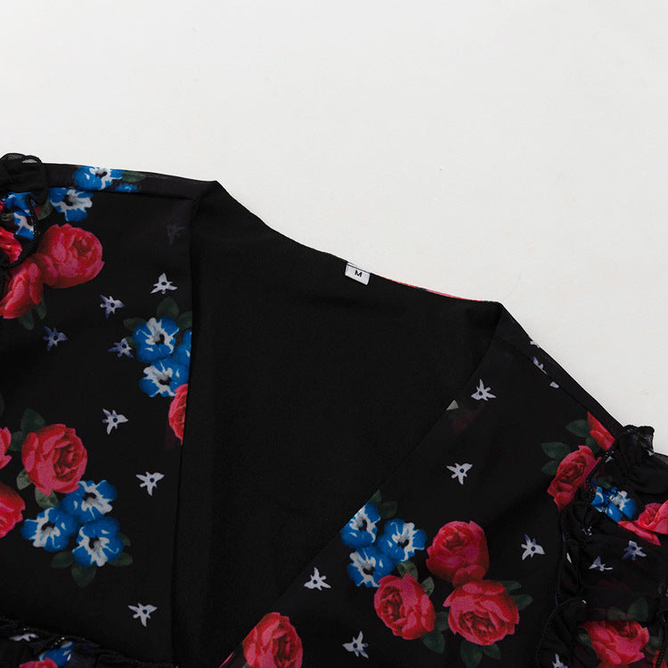 Women's Sexy Digital Print Skirt Suit: Long Sleeve Top & High Slit Skirt Set