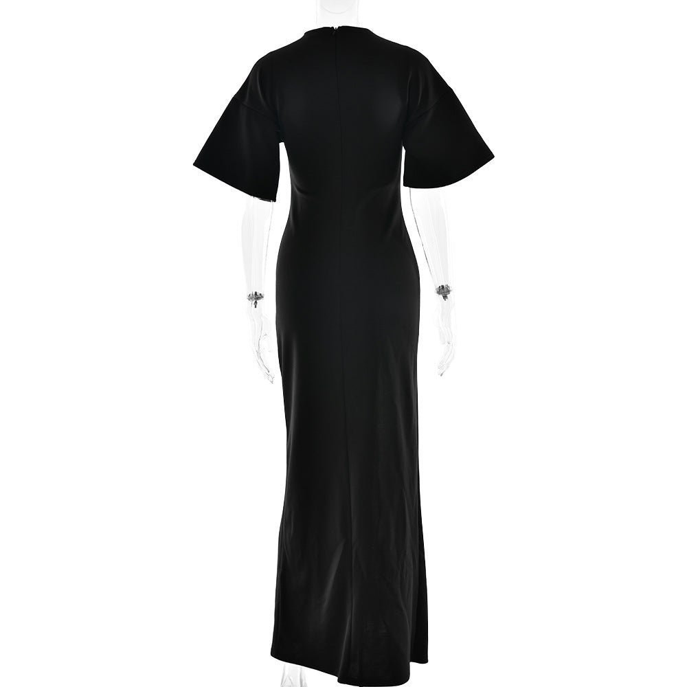 Pleated High Split Maxi Dress: Round Neck Bodycon Slim Fit for Women