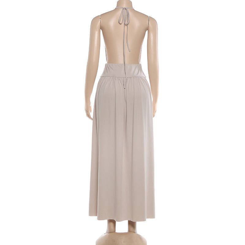 Deep V Halter Maxi Dress - Sequin Backless Cutout Ruched Split Vacation Dress