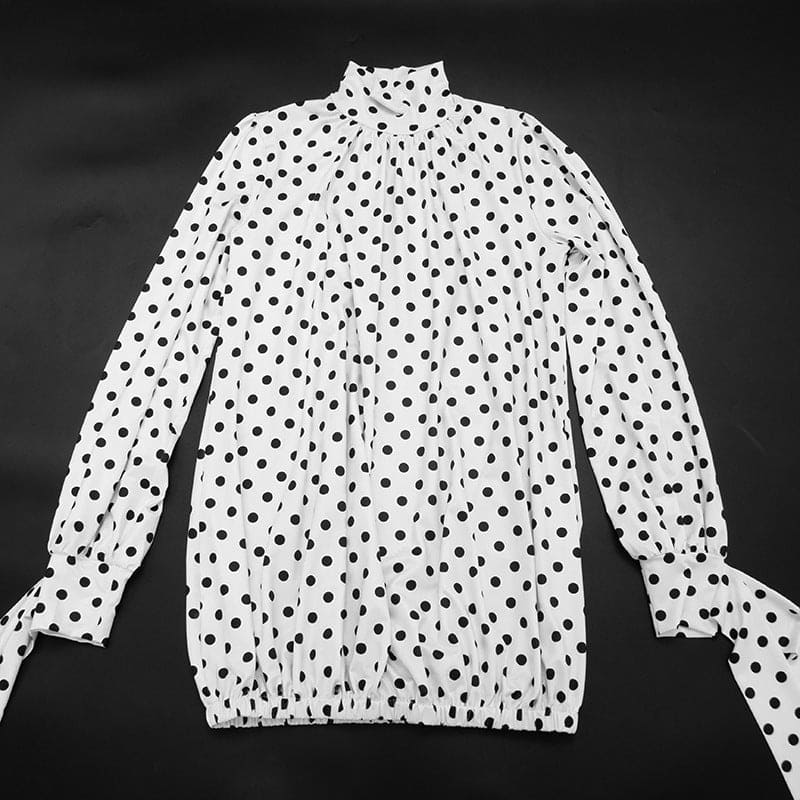 Women's Polka Dot Long Sleeve Mini Dress – High Neck Drawstring Bodycon Dress