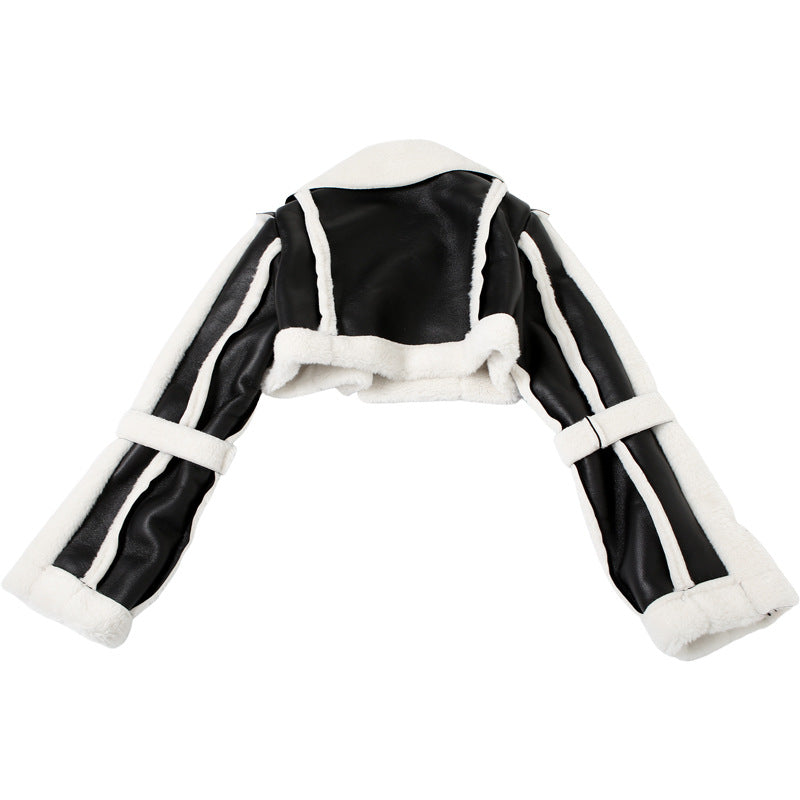 Faux Shearling Color Block Crop Jacket