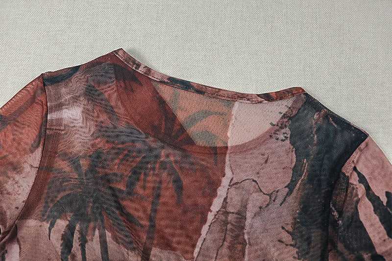 Abstract Print Crop Top & Midi Skirt Set - Short Sleeve Ruched Crew Neck 2-Piece Set