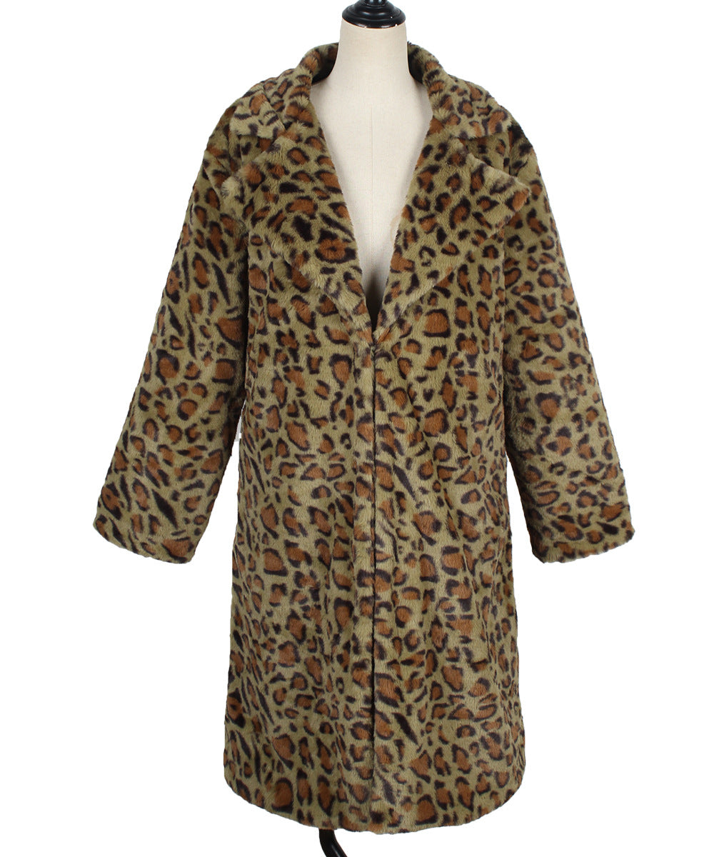 Casual Leopard Print Faux Fur Trench Coat: Square Collar Plush Longline Jacket