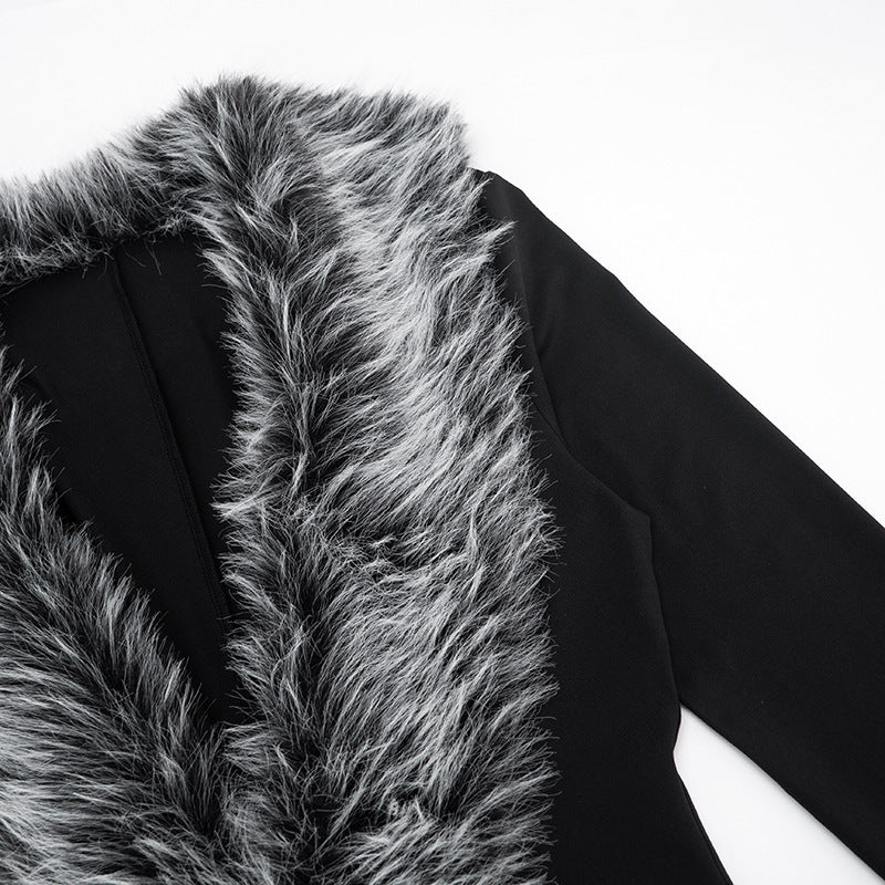 Fur Collar V-Neck Long Sleeve Romper – Elegant Tight-Fitting Autumn Winter Wear