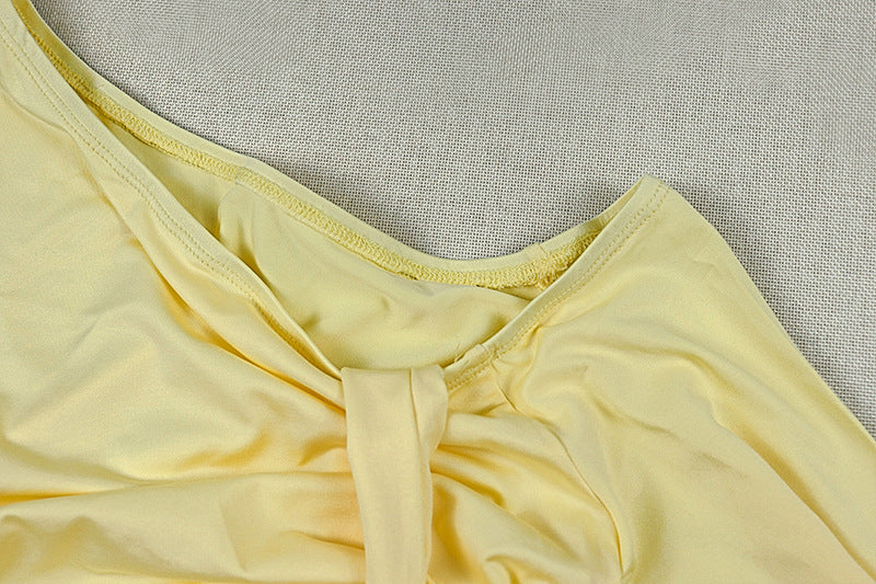 One Shoulder Asymmetric Crop Top & Midi Skirt Set | Ruched Long Sleeve Two-Piece Set | Yellow | Sizes S-L