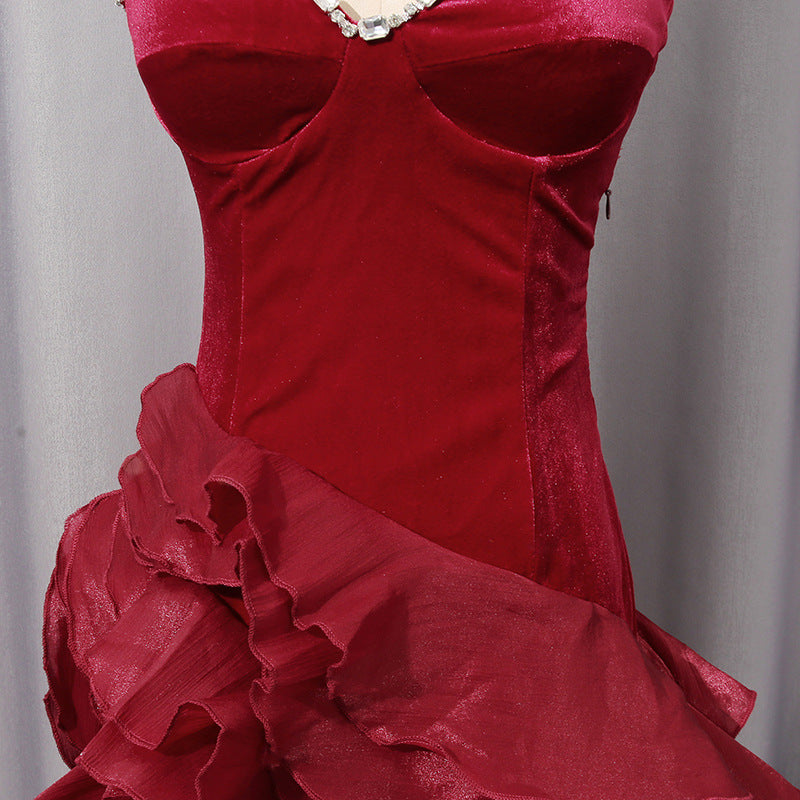 🍷 Ruby Luxe Rhinestone Ruffle High-Low Dress