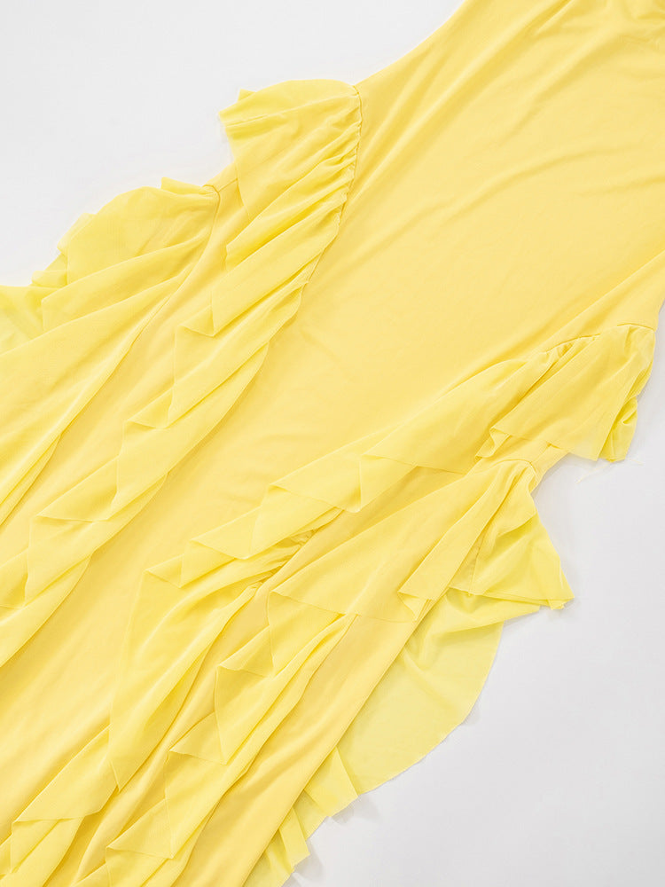 Backless Halter Maxi Dress: Sleeveless Ruffle Trim Lace-Up Detail