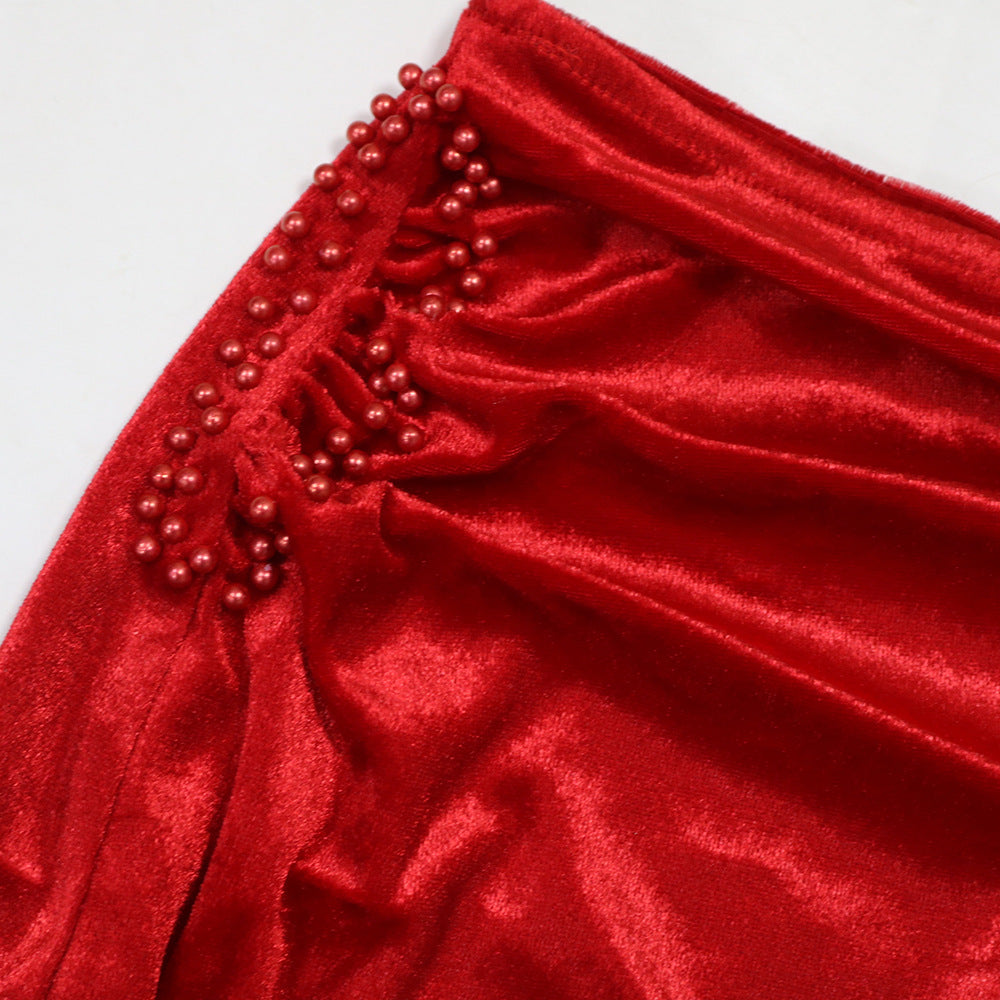 Red Velvet & Sequin Two Piece Set: Long Sleeve Top & High Slit Skirt