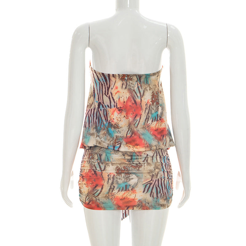 Sweetheart Ruched Bodycon Mini Dress - Sleeveless Abstract Print Vacation Dress