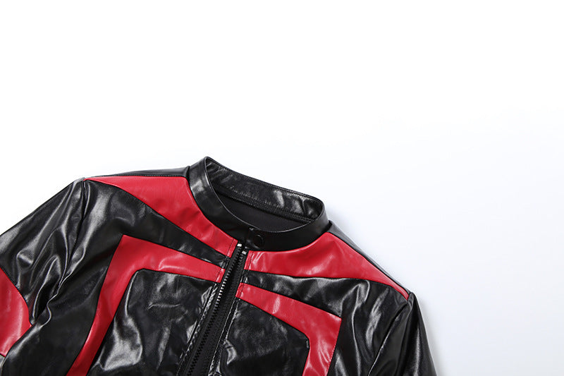 Women’s Cropped Leather Jacket – Slim Fit Zipper Motorcycle Coat, Color Block
