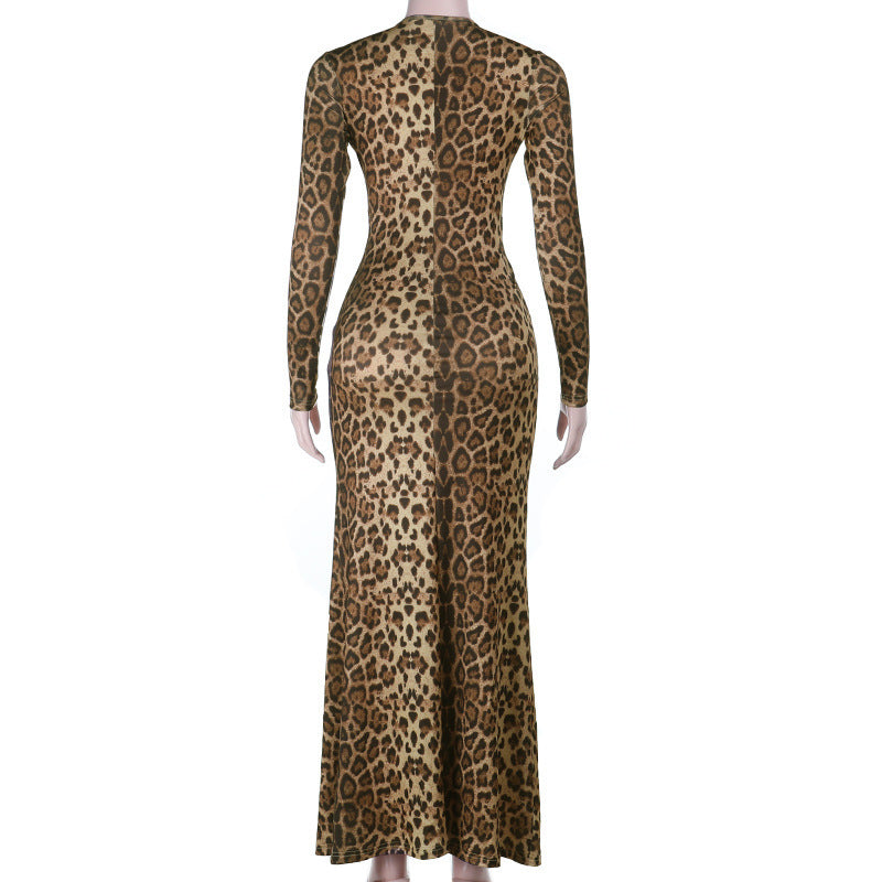 Leopard Print Maxi Dress: Long Sleeve Twist Front Bodycon Gown