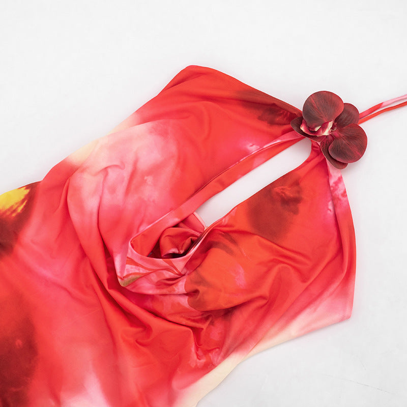 Red Floral Halter Maxi Dress - Backless Cutout Tie-Up Vacation Dress