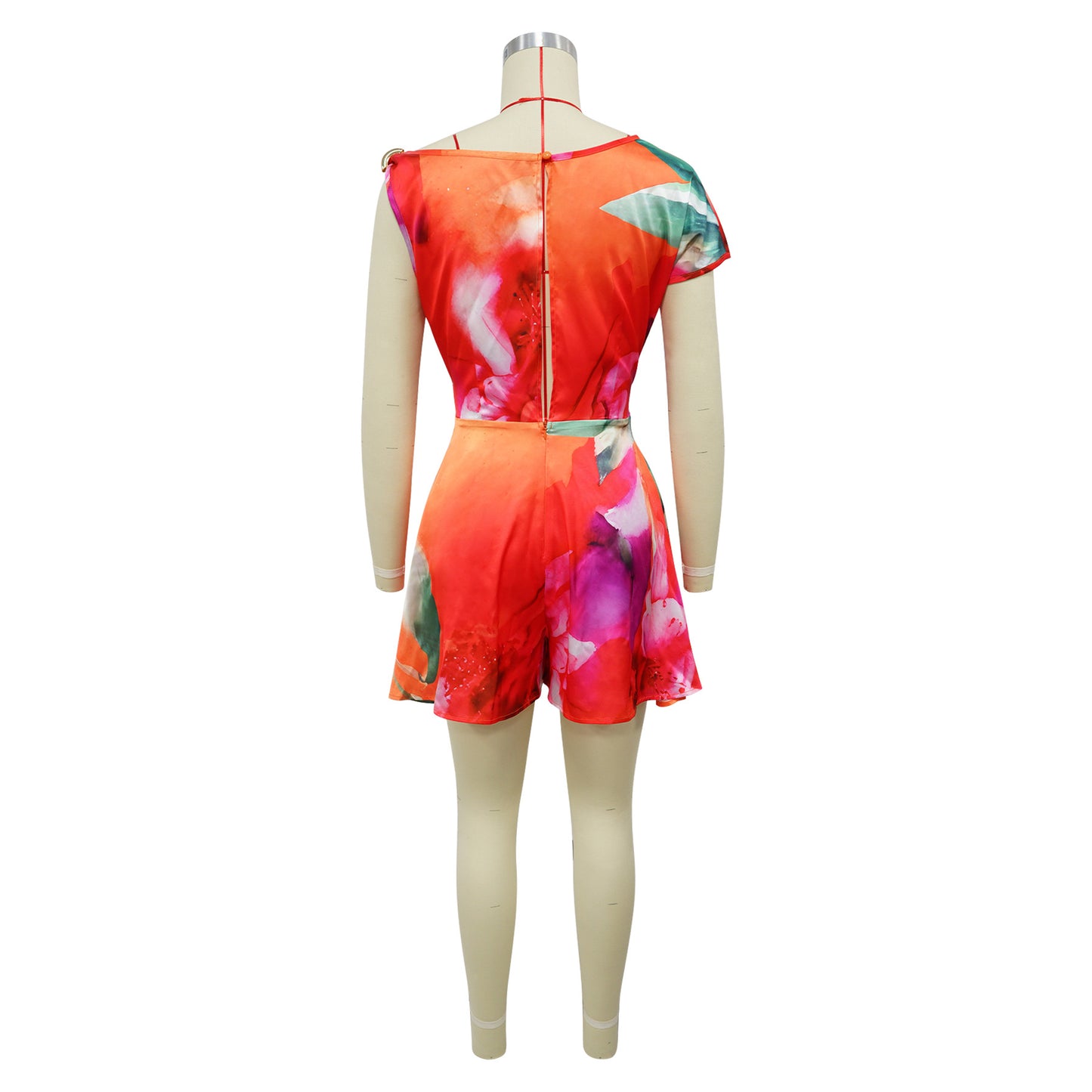 Women’s Elegant One-Shoulder Backless Jumpsuit – Asymmetric Printed Belted Sleeveless Romper