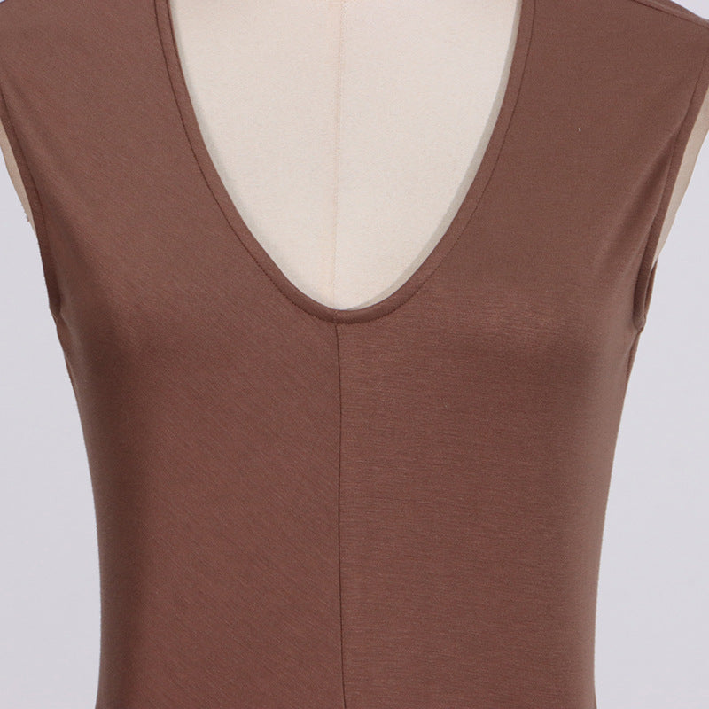 Brown Elegant Pleated V-Neck Maxi Dress