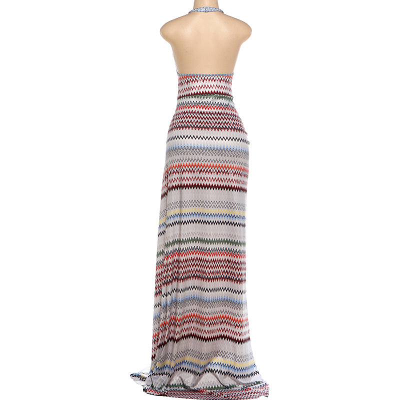 White Chevron Halter Backless Maxi Dress - Ruched Split Floor-Length Bodycon Formal Dress