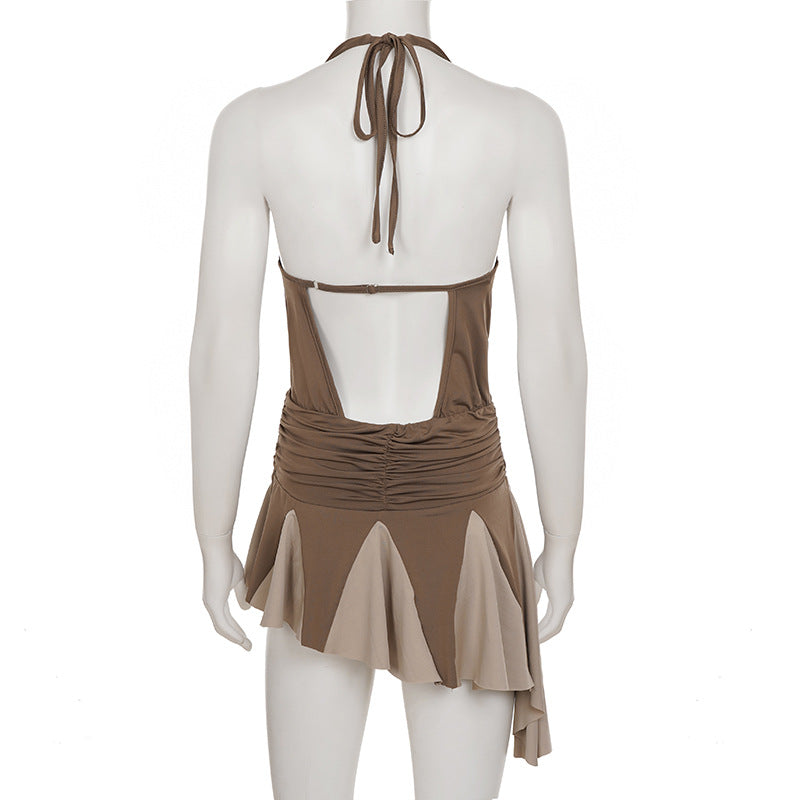 Brown Halter Ruffle Dress - Backless Asymmetric Pleated Mini Dress
