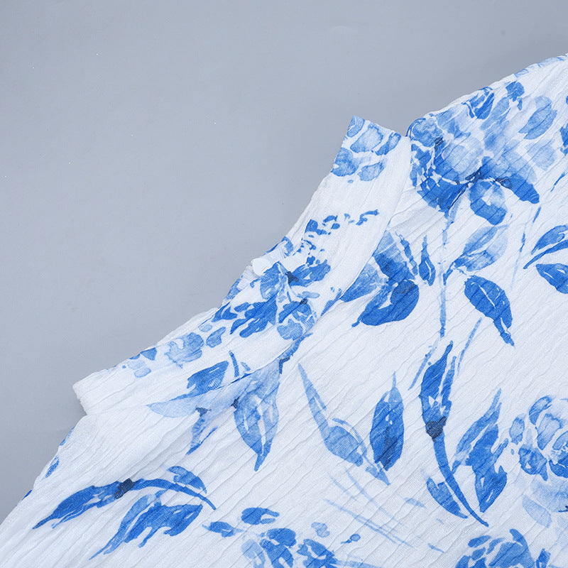 Blue & White Printed Fishtail Dress: Half Turtleneck Long Sleeve Maxi