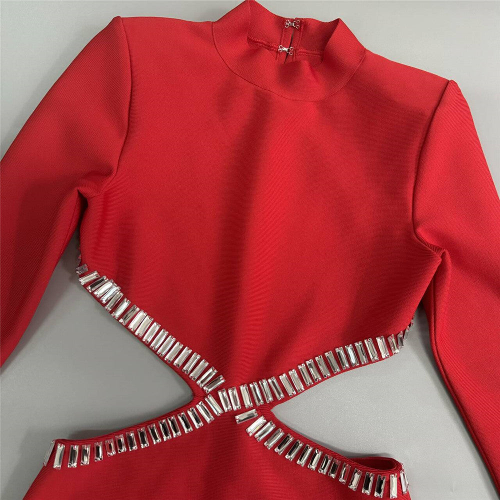 Rhinestone Cutout Bandage Dress: Long Sleeve Hollow-Out Bodycon