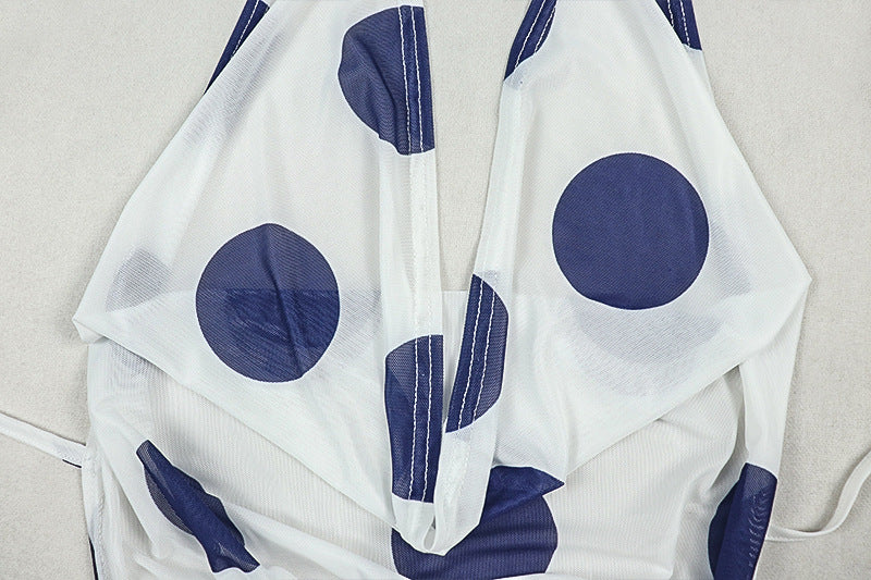 Women’s Polka Dot Backless Maxi Dress – Sleeveless Bodycon Split Dress with Ruched Tie Detail