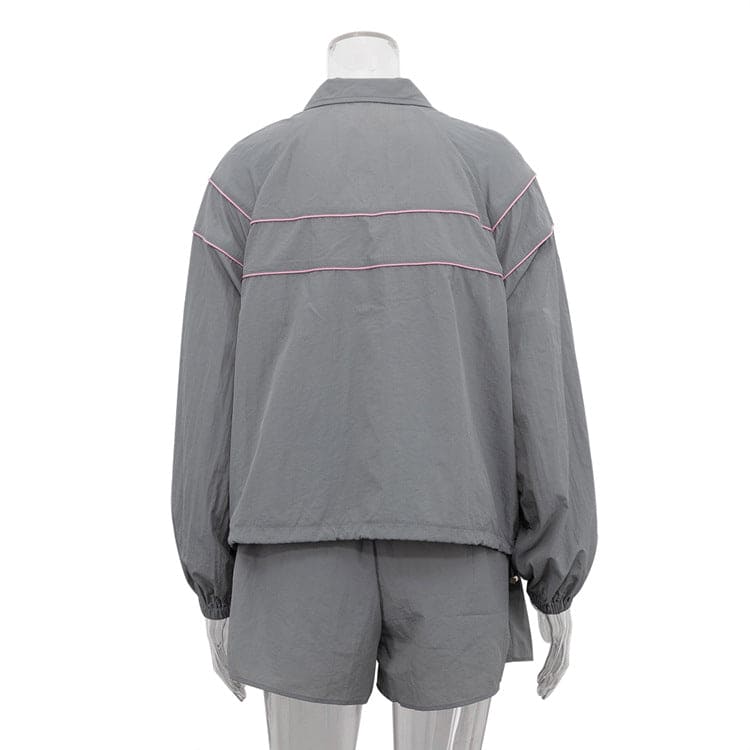 Gray Zip-Up Jacket & Shorts Set - Loose Fit Collared Athleisure 2-Piece Set