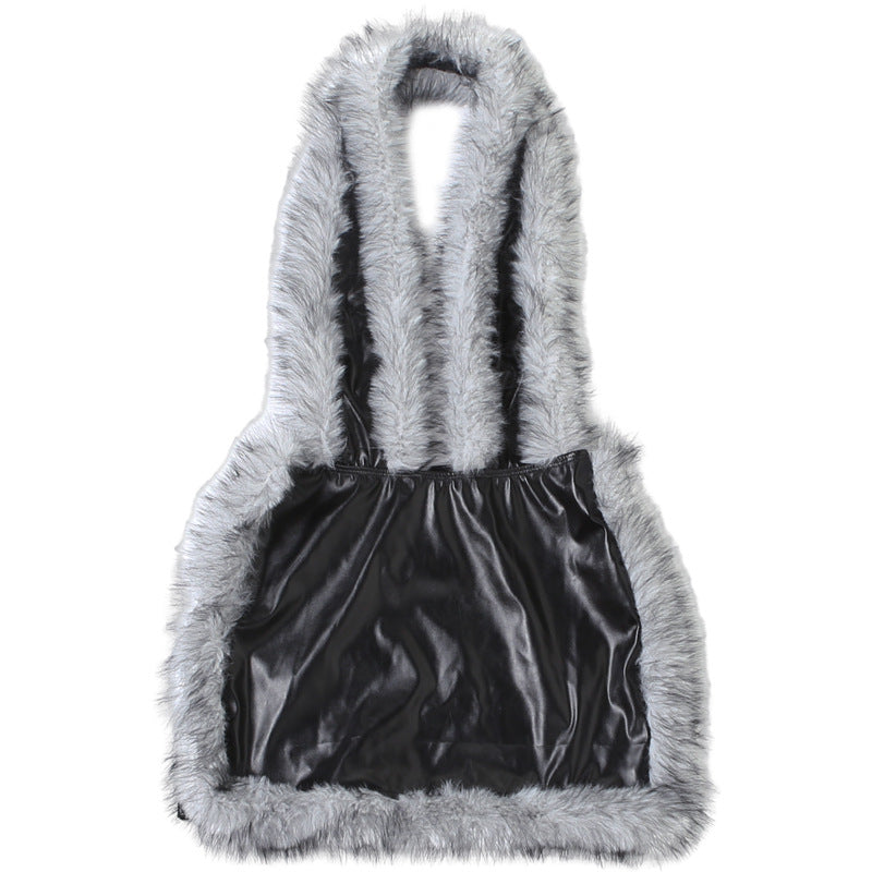 Faux Leather Halter Dress: Deep V Plunge Neck with Fur Trim Stitching