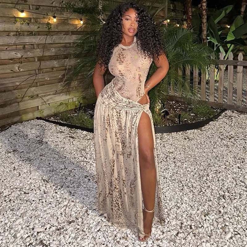 Light Gray Snake Print Jumpsuit & Maxi Slit Skirt Set - Mesh Ruched Twisted 2-Piece Set