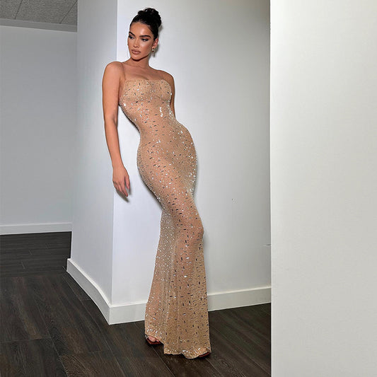 Rhinestone Fishtail Maxi Dress – Sexy Elegant Spaghetti Strap Gown