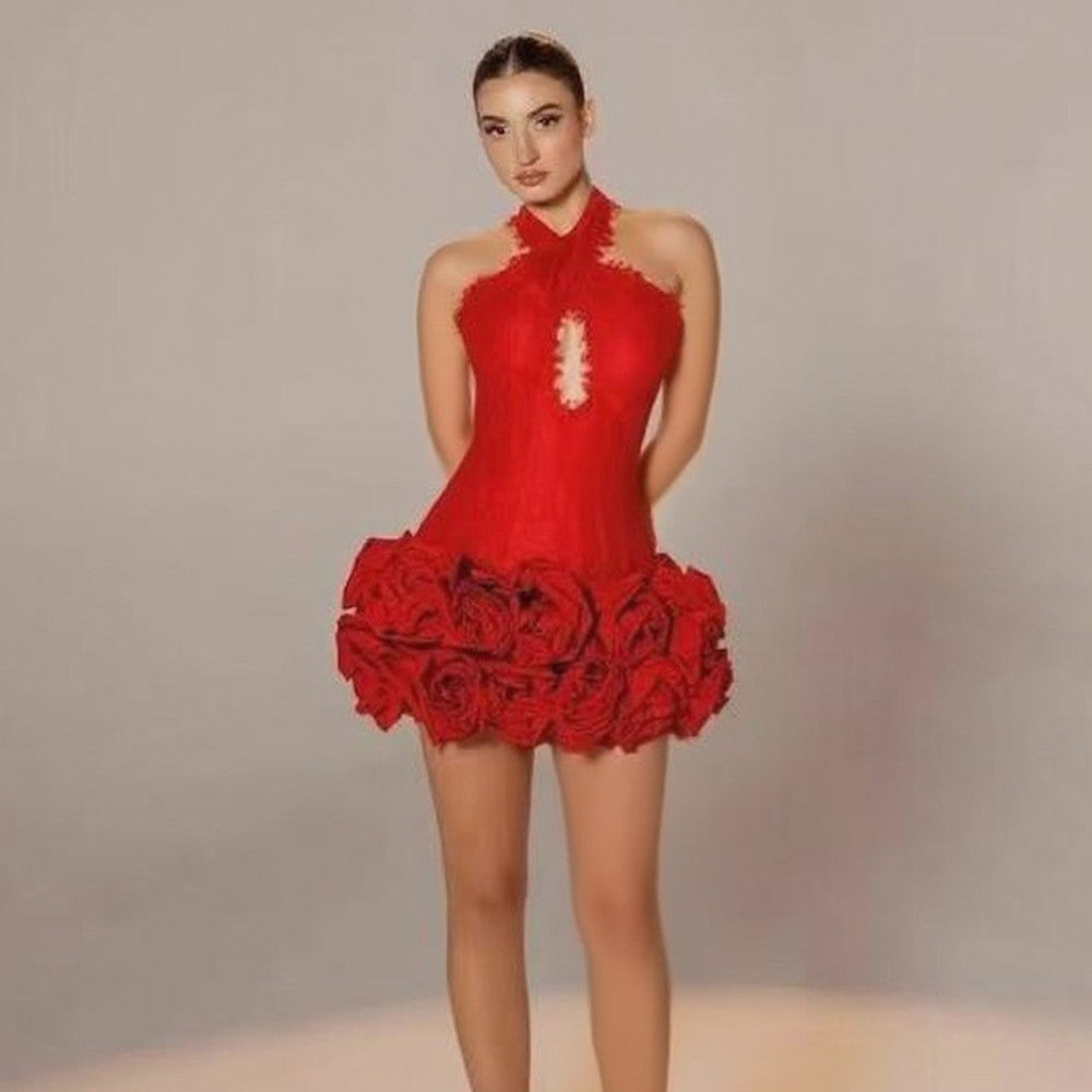 Red Floral Bandage Mini Dress: Halter Backless Lace Trim