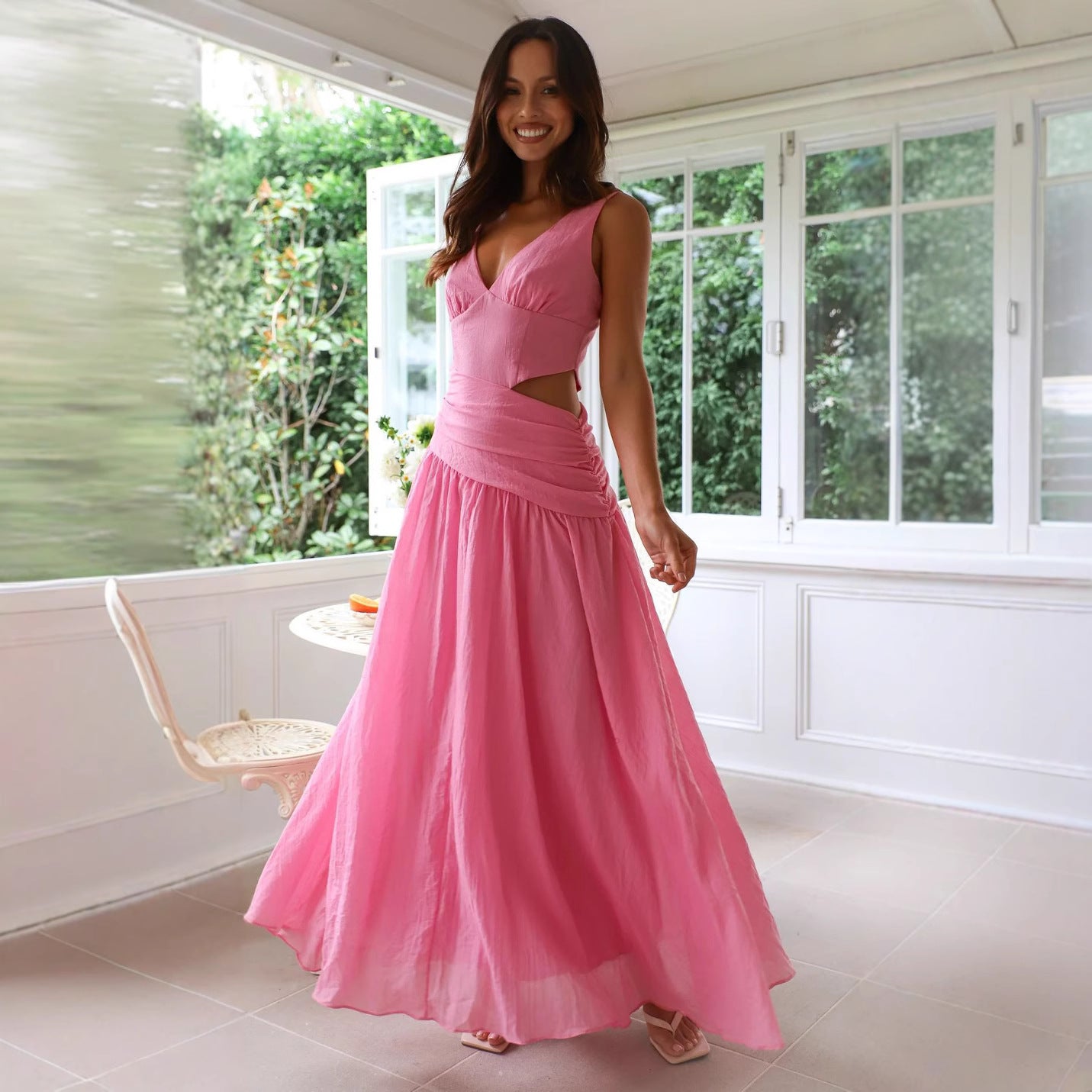 Elegant V-Neck Sleeveless Maxi Dress – Asymmetric Cutout Ruched Design