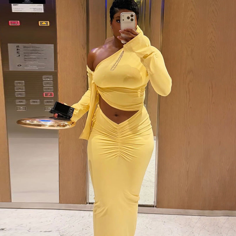 One Shoulder Asymmetric Crop Top & Midi Skirt Set | Ruched Long Sleeve Two-Piece Set | Yellow | Sizes S-L