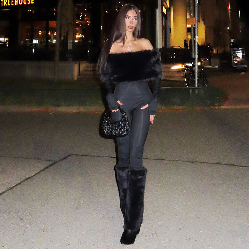 Women’s Off-the-Shoulder Slim Fit Jumpsuit – Long Sleeve Furry Patchwork Full-Length Party Outfit