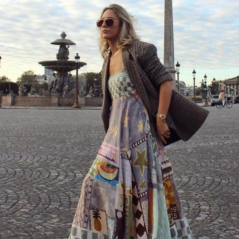 Geometric Print Spaghetti Strap Maxi Dress - High Waist A-Line Boho Vacation Dress