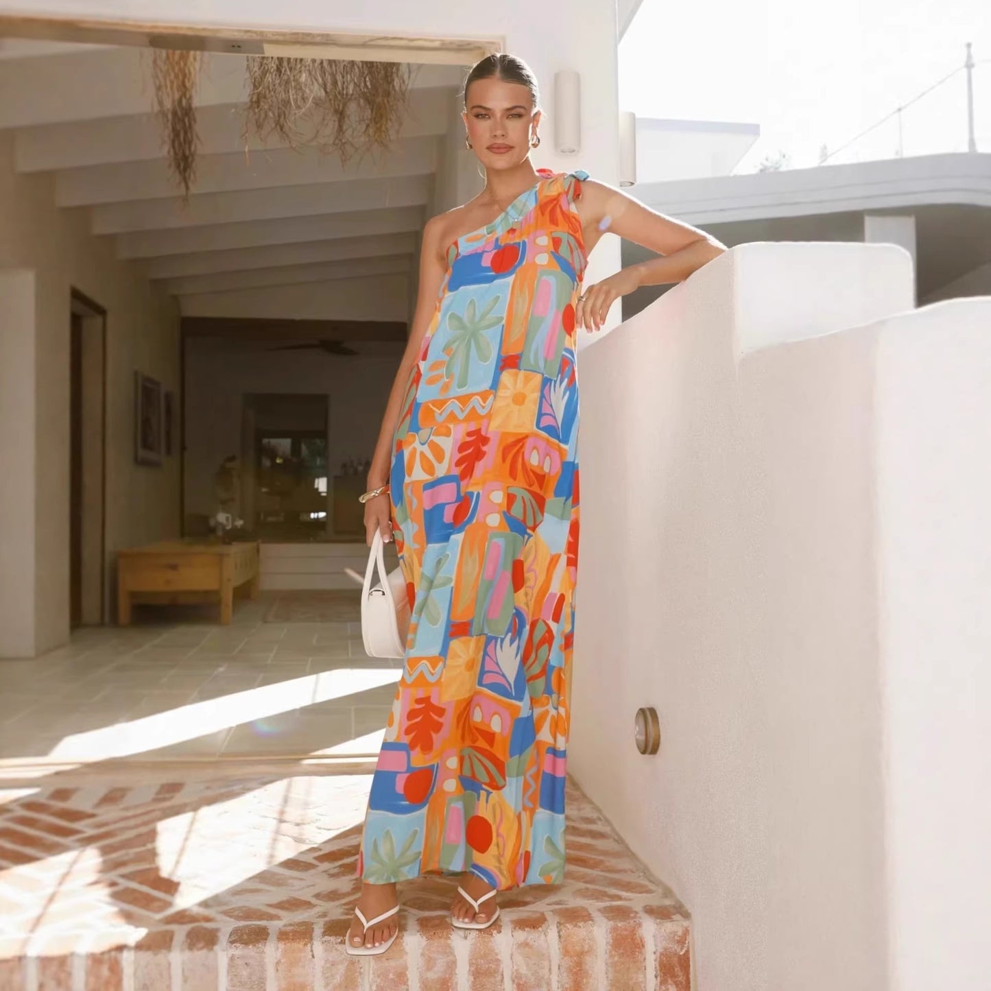 Boho One Shoulder Maxi Dress - Asymmetric Lace-Up A-Line Vacation Dress