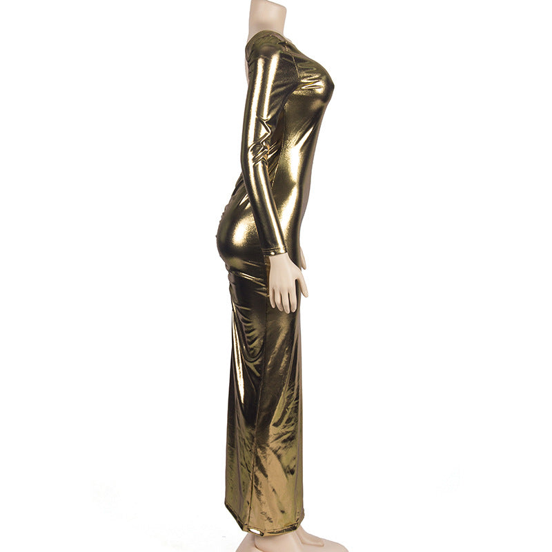 Metallia's Long Sleeve Backless Long Glossy Dress
