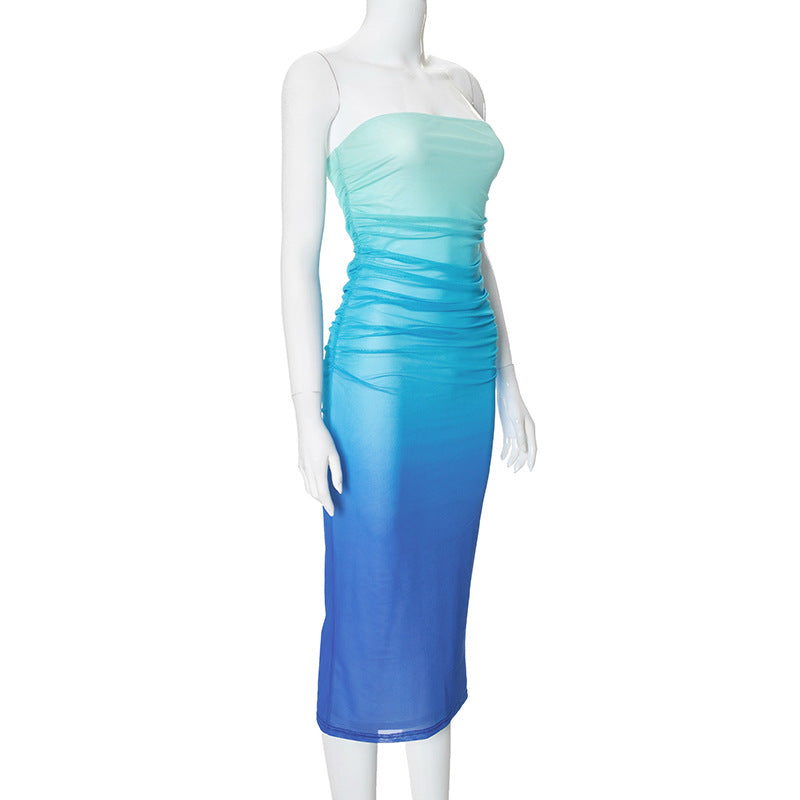 Shermaid's Elegant Lady Tube Top Gradient Color Fold Split Dress