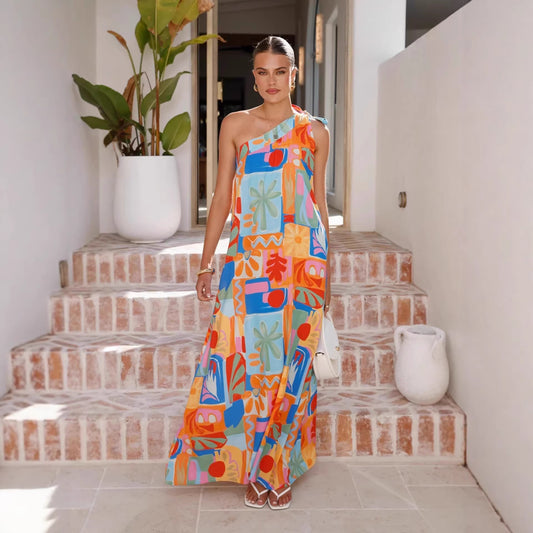 Boho One Shoulder Maxi Dress - Asymmetric Lace-Up A-Line Vacation Dress